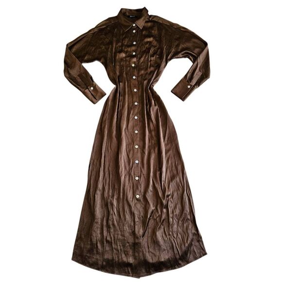 Madewell womens Sz 2 brown satin button front midi dress - Picture 3 of 9